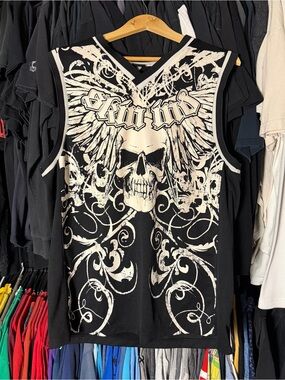 Skin Industries Tank Top Jersey Mens Large Black Gothic Tribal Skull Emo Grunge